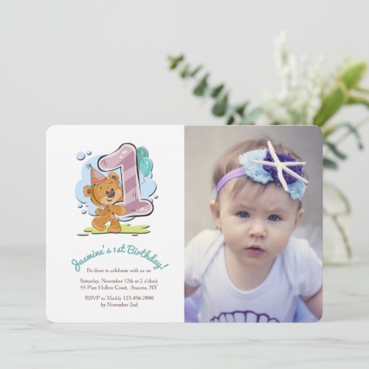 Teddy Bear 1 jaar oude fotouitnodiging Kaart (Staand voorkant)