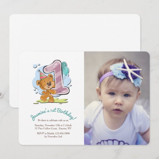 Teddy Bear 1 jaar oude fotouitnodiging Kaart (Voorkant / Achterkant)