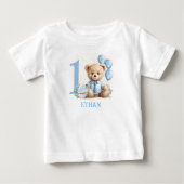 Teddy Bear 1e Verjaardag Blauw Beige Baby T-shirt (Voorkant)