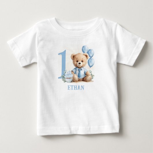 Teddy Bear 1e Verjaardag Blauw Beige Baby T-shirt (Voorkant)