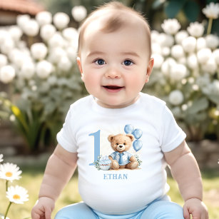 Teddy Bear 1e Verjaardag Blauw Beige Baby T-shirt
