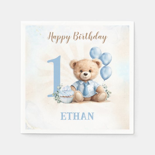 Teddy Bear 1e verjaardag Blauw Beige Papier Servet (Voorkant)