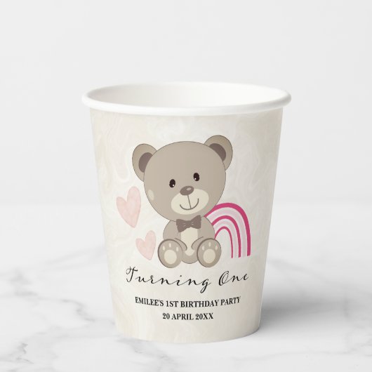Teddy Bear 1e verjaardag Roze papierbekertjes Papieren Bekers (Achterkant)