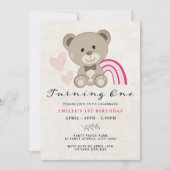 Teddy Bear 1e verjaardag Roze uitnodiging (Voorkant)