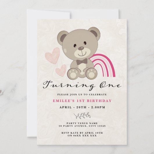 Teddy Bear 1e verjaardag Roze uitnodiging (Voorkant)