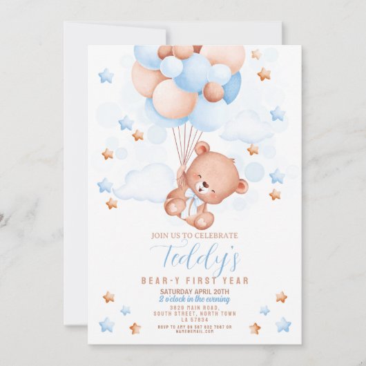 Teddy Bear 1st Birthday Beer-y First Boys Blauw Kaart (Voorkant)