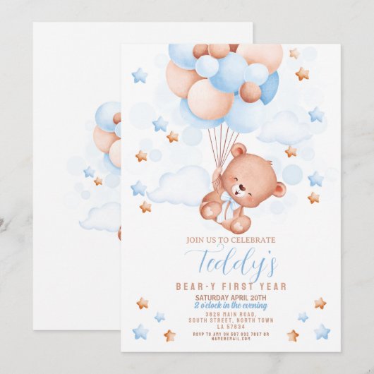 Teddy Bear 1st Birthday Beer-y First Boys Blauw Kaart (Voorkant / Achterkant)