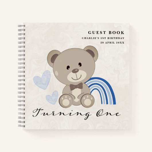 Teddy Bear 1st Birthday Blue Guestbook Notitieboek (Voorkant)
