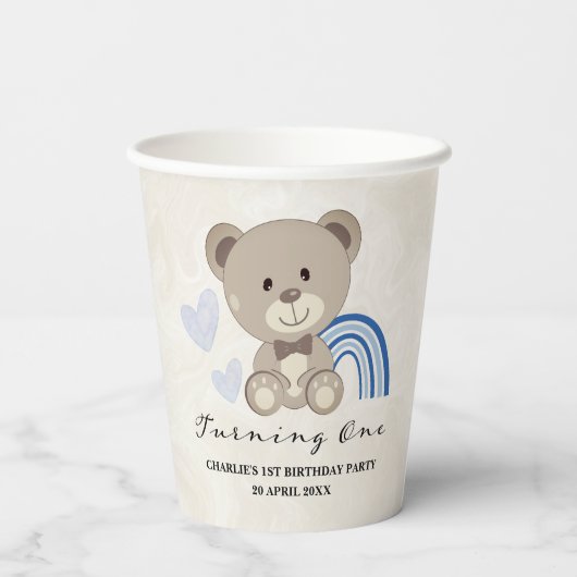 Teddy Bear 1st Birthday Blue Papieren Bekers (Achterkant)
