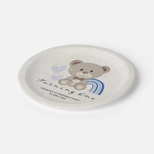 Teddy Bear 1st Birthday Blue Papieren Bordje (Gekanteld)