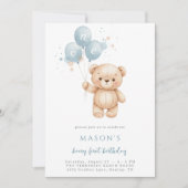 Teddy Bear 1st Birthday Blue Watercolor Kaart (Voorkant)
