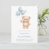 Teddy Bear 1st Birthday Blue Watercolor Kaart (Staand voorkant)