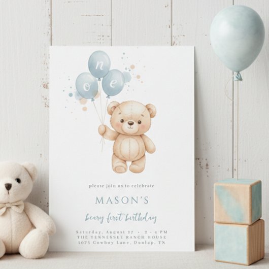 Teddy Bear 1st Birthday Blue Watercolor Kaart