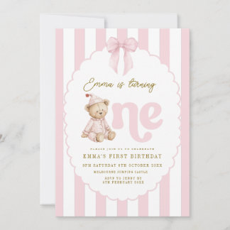 Teddy Bear 1st Birthday Invitation Girl Kaart