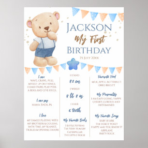 Teddy Bear 1st Birthday Milestone gepersonaliseerd Poster