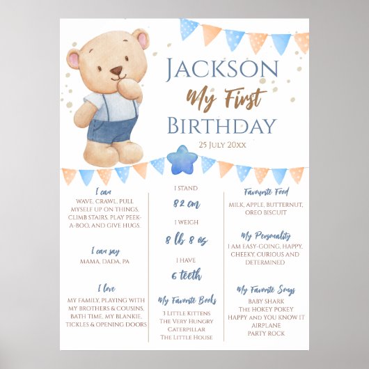 Teddy Bear 1st Birthday Milestone gepersonaliseerd Poster (Voorkant)