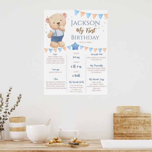 Teddy Bear 1st Birthday Milestone gepersonaliseerd Poster (Keuken)