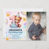 Teddy Bear 1st Birthday Photo Personalized Baby  Kaart (Voorkant)