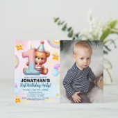 Teddy Bear 1st Birthday Photo Personalized Baby  Kaart (Staand voorkant)