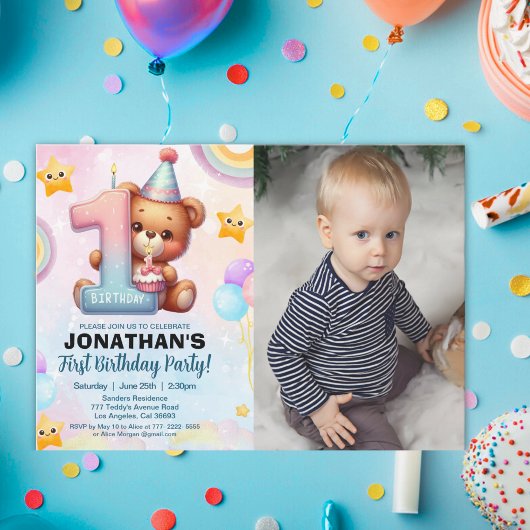 Teddy Bear 1st Birthday Photo Personalized Baby  Kaart