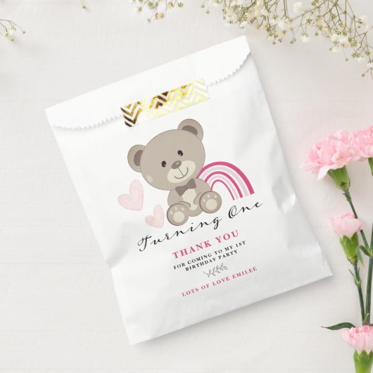 Teddy Bear 1st Birthday Pink Favor Bag Bedankzakje (Gezegeld)