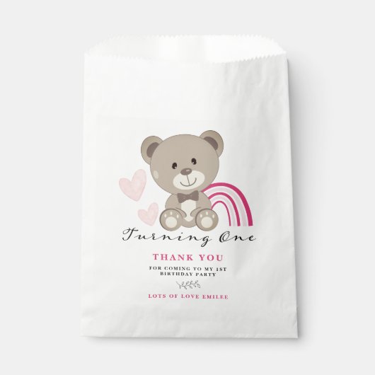 Teddy Bear 1st Birthday Pink Favor Bag Bedankzakje (Voorkant)