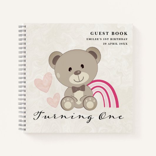 Teddy Bear 1st Birthday Pink Guestbook Notitieboek (Voorkant)