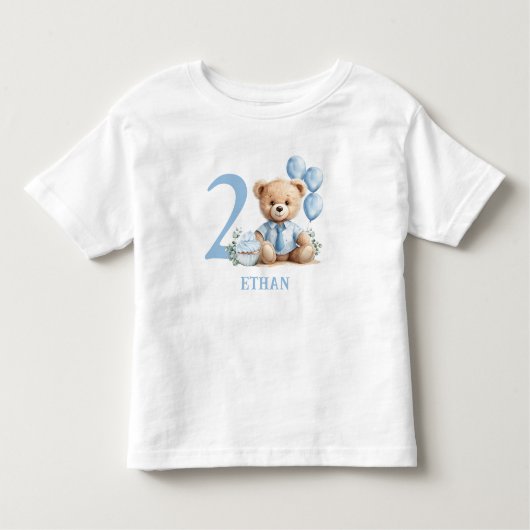 Teddy Bear 2e Verjaardag Naam Blauw Peuter T-shirt (Voorkant)