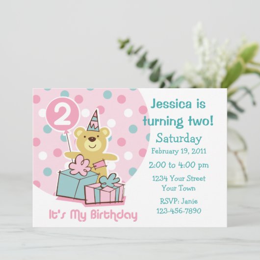 Teddy Bear 2e verjaardag Uitnodiging (Staand voorkant)