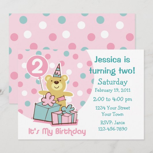 Teddy Bear 2e verjaardag Uitnodiging (Voorkant / Achterkant)
