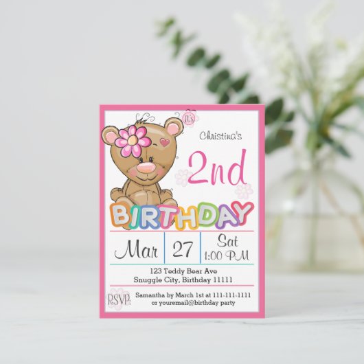 Teddy Bear 2e verjaardagsfeestje Kaart (Staand voorkant)