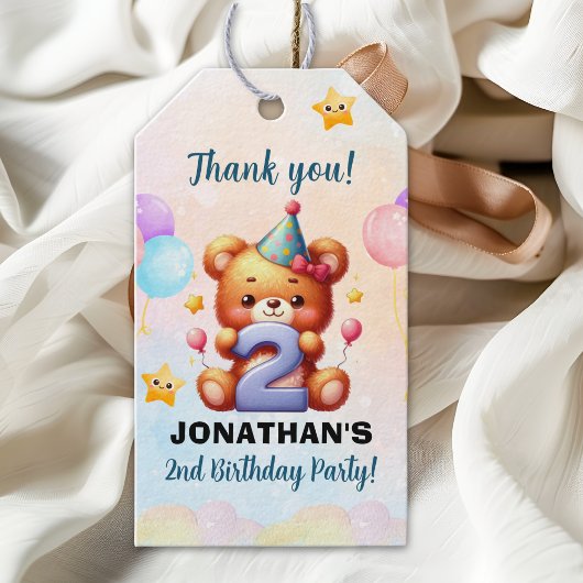 “Teddy Bear 2nd Birthday | Cute Balloons & Rainbow Cadeaulabel