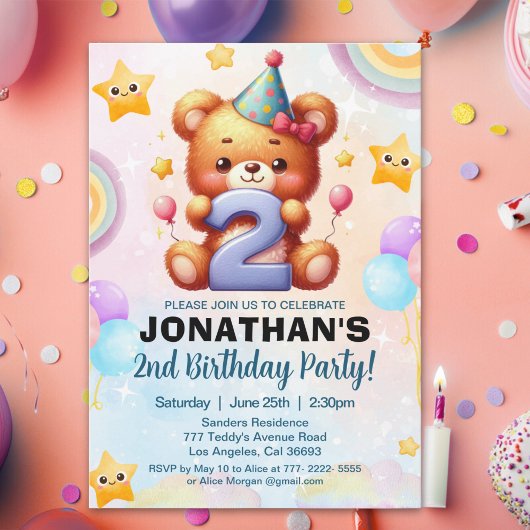 “Teddy Bear 2nd Birthday | Cute Watercolor Balloon Kaart