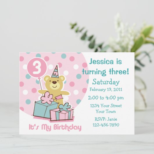 Teddy Bear 3rd Birthday Uitnodiging (Staand voorkant)