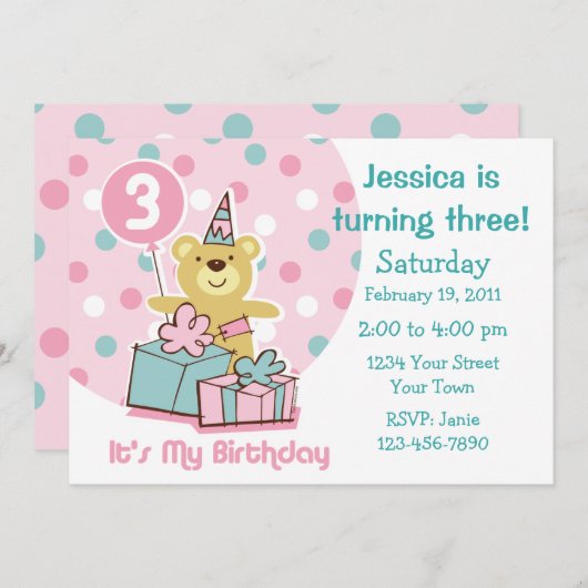 Teddy Bear 3rd Birthday Uitnodiging (Voorkant / Achterkant)