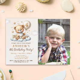 Teddy Bear 4th Birthday Photo Invitation for Boys Kaart