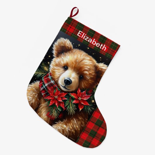 Teddy Bear Add Name Christmas Red Green Grote Kerstsok (Voorkant (Hangend))