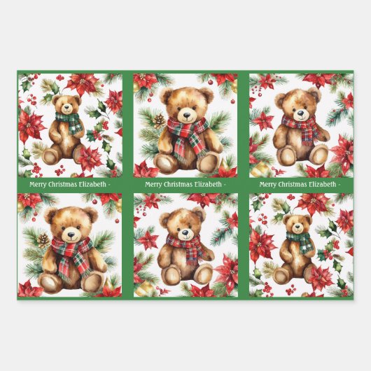 Teddy Bear Add Name Cute Christmas 3 Inpakpapier Vel (Voorkant 2)