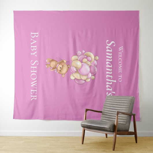 Teddy Bear Adventure Pink Balloons Baby shower Wandkleed (In Situ (horizontaal))