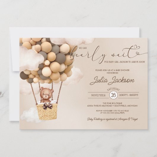 Teddy Bear Air Ballon Neautral Cloud Baby shower Kaart (Voorkant)