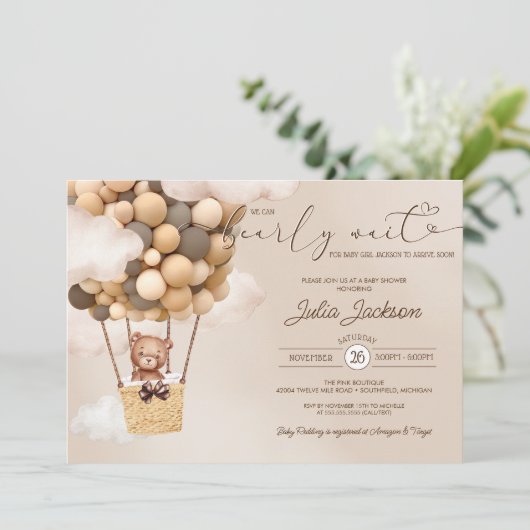 Teddy Bear Air Ballon Neautral Cloud Baby shower Kaart (Staand voorkant)