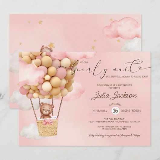 Teddy Bear Air Ballon Pink Cloud Girl Baby shower Kaart (Voorkant / Achterkant)