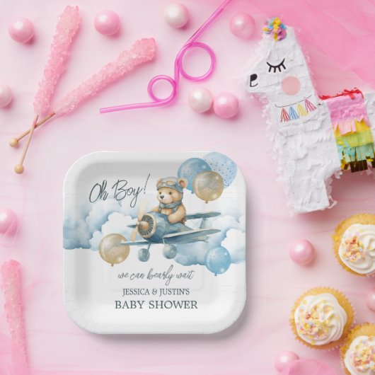 Teddy Bear Air Plane Blue Paper Bord (Feest)