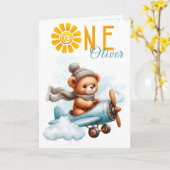 Teddy Bear Airplane 1st Birthday Card Kaart (Gele Bloem)