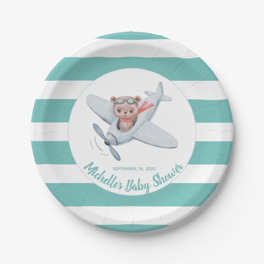 Teddy Bear Airplane Baby shower Genderneutraal Papieren Bordje (Voorkant)