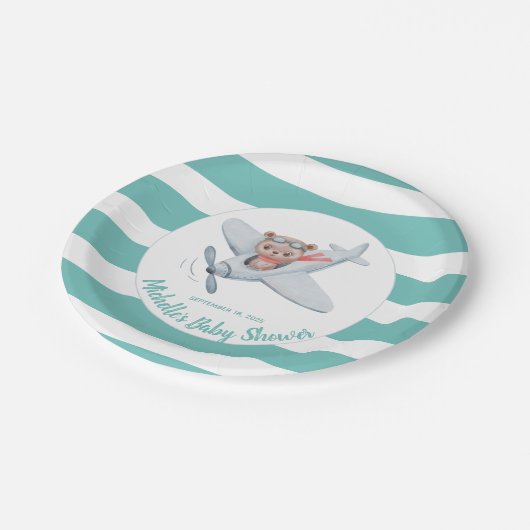 Teddy Bear Airplane Baby shower Genderneutraal Papieren Bordje (Gekanteld)