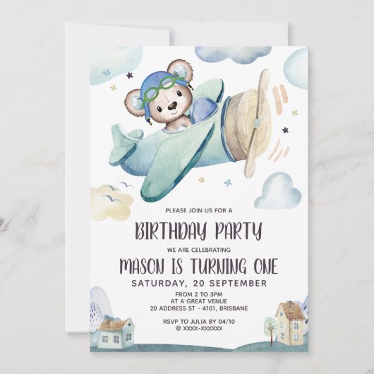 Teddy Bear Airplane Birthday Kaart (Voorkant)