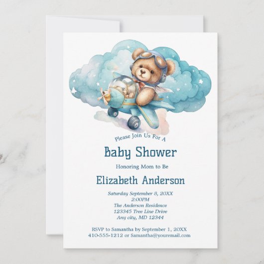 Teddy Bear Airplane Boy Baby shower Invitation Kaart (Voorkant)