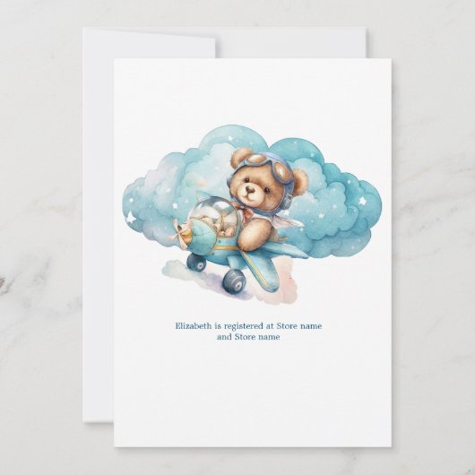 Teddy Bear Airplane Boy Baby shower Invitation Kaart (Achterkant)