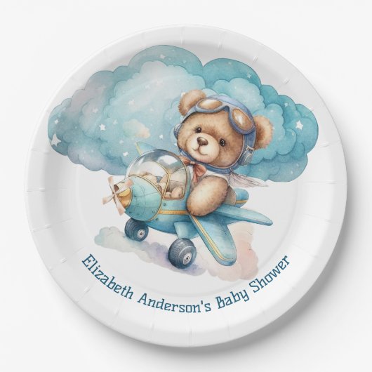 Teddy Bear Airplane Boy Baby shower Papieren Bordje (Voorkant)